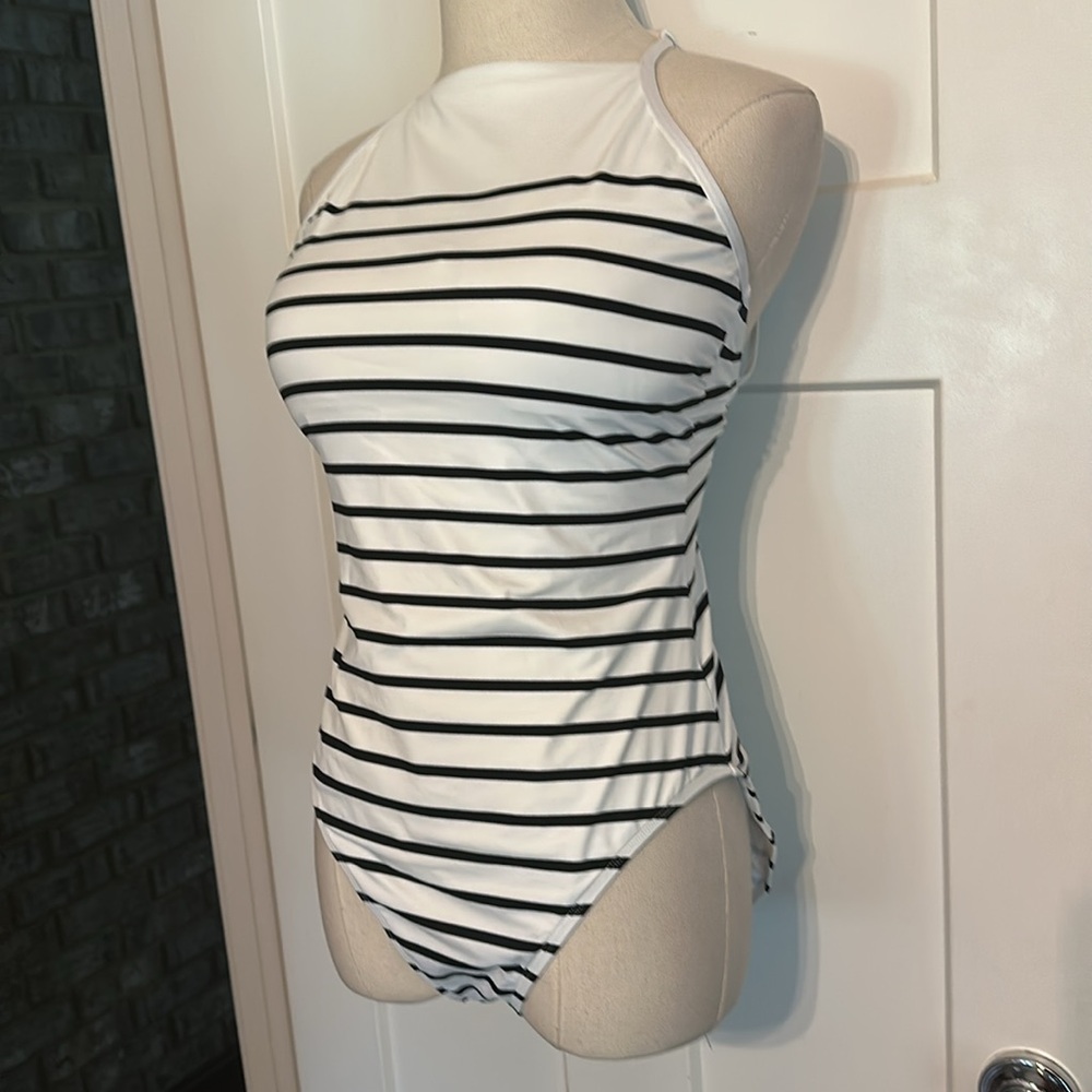 Lauren Ralph Lauren Breton Black and White Striped One-Piece 12 halter Swimsuit - Picture 8 of 15